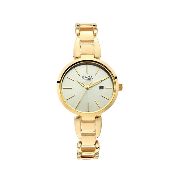 Titan Raga Viva Golden Dial Analog with Date Metal Strap Watch for Women (NT2642YM01)
