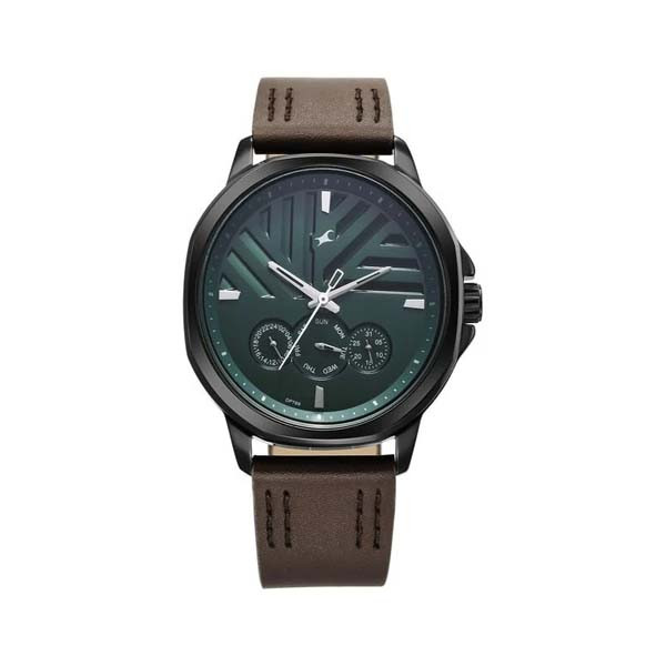 Fastrack Fleek Quartz Multifunction Green Dial Leather Strap Watch for Guys (NT3303NL01)