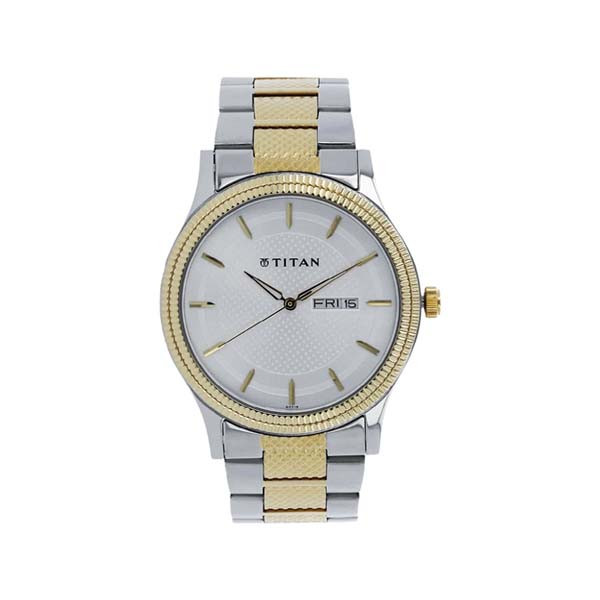 Titan Quartz Analog with Day and Date Silver Dial Two Toned Stainless Steel Strap Watch For Men (NT1650BM03)