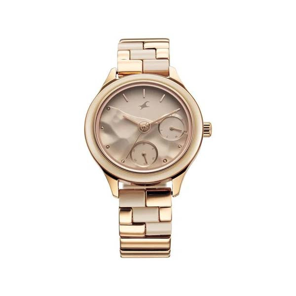 Fastrack Cerame Quartz Multifunction Beige Dial With Champagne Color Steel & Ceramic Strap Watch For Girls (6294KD01)