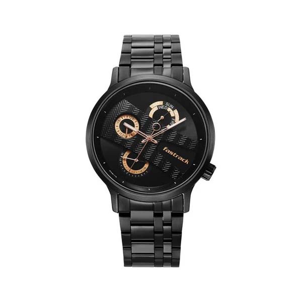 Fastrack Exuberant Quartz Multifunction Black Dial Stainless Steel Strap Watch for Guys (NT3301NM01)