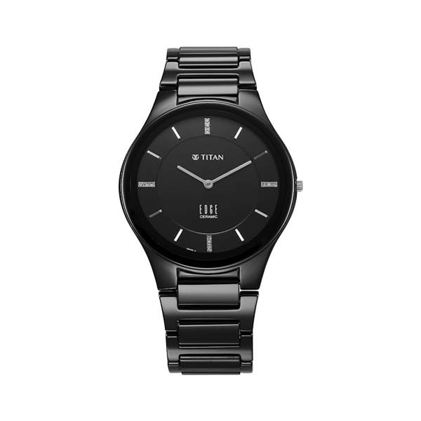 Titan Edge Ceramic Quartz in Glossy Black with Diamonds and Black Dial Watch for Men (1696NC12)