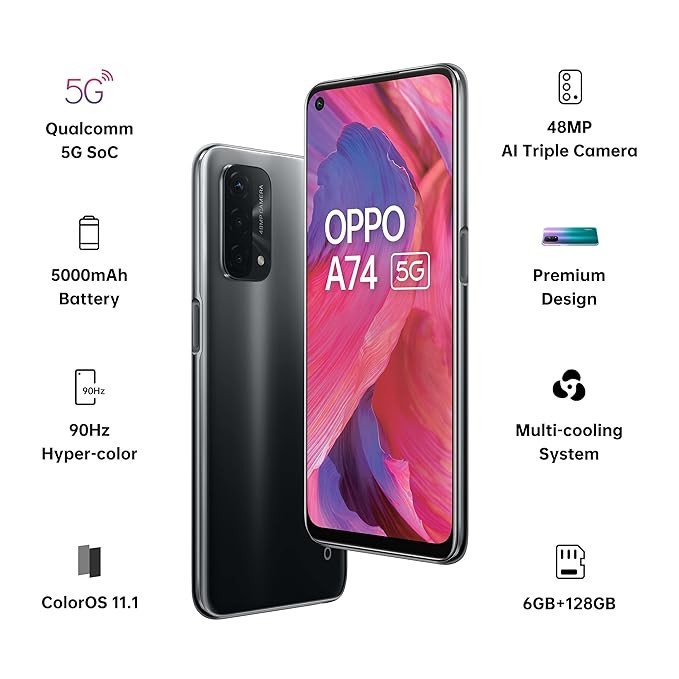 OPPO A74 5G (Fluid Black, 6GB RAM, 128GB Storage) with No Cost EMI/Additional Exchange Offers