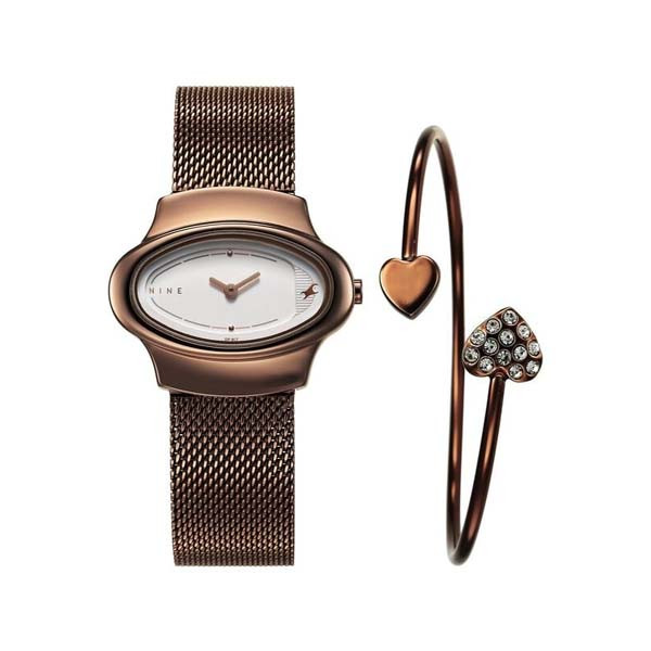 Fastrack Pulse Quartz Analog White Dial Brown Stainless Steel Strap Watch For Girls (NT6004QM02F)