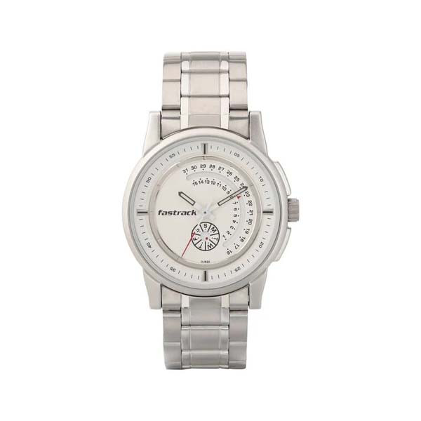 Fastrack Go Skate Quartz Analog with Day and Date White Dial Stainless Steel Strap Watch for Guys (NS3215SM01)