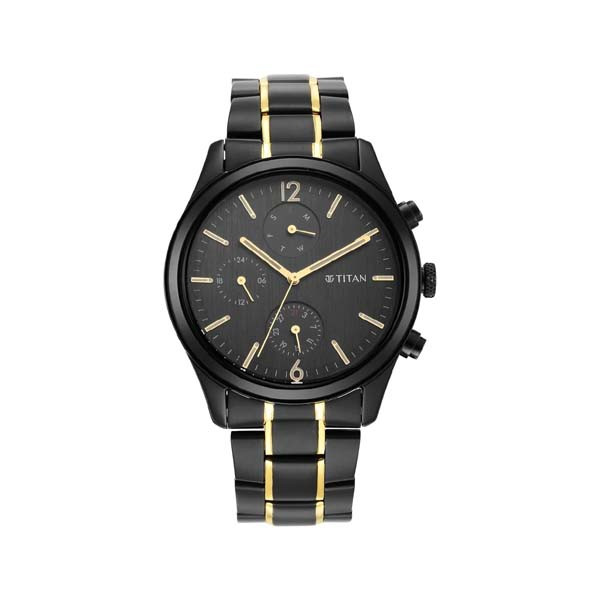 Titan Black and Gold Anthracite Dial Analog Stainless Steel Strap watch for Men (NT1805KM03)