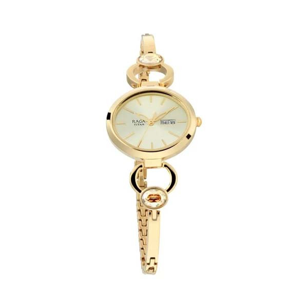 Titan Raga Viva Champagne Dial Analog with Day and Date Metal Strap watch for Women (NT2621YM01)
