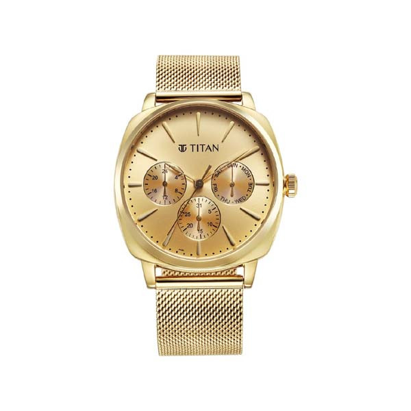 Titan Classique Suave Quartz Yellow Dial Golden Stainless Steel Mesh Strap Watch for Men (NT90189YM02)