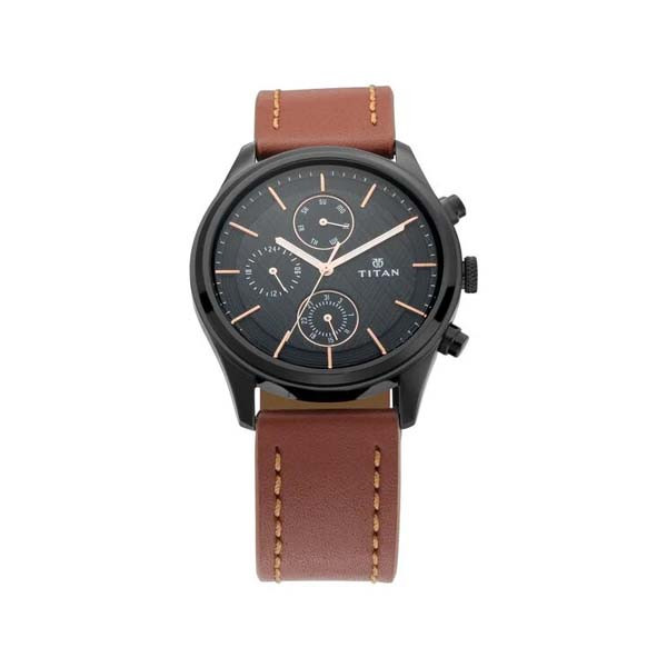 Titan Workwear Multifunction Black Dial Brown Leather Strap Watch For Men (NT1805NL01)