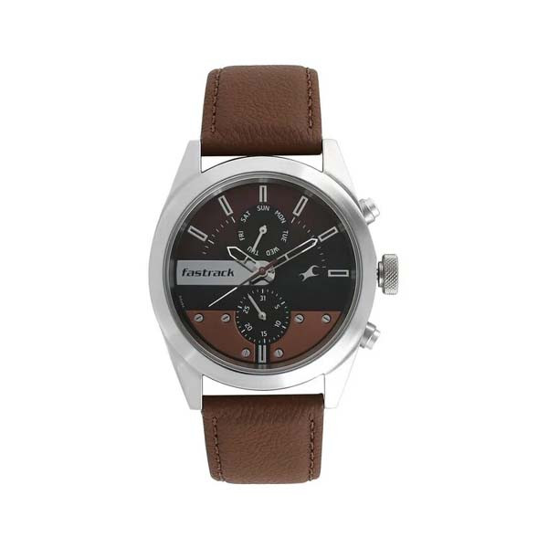 Fastrack All Nighters Quartz Multifunction Brown Dial Leather Strap Watch for Guys (NS3165SL01)