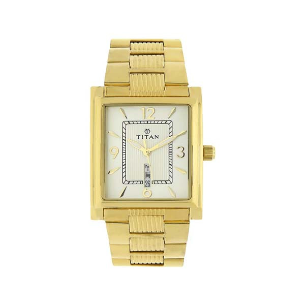 Titan Champagne Dial Analog with Day and Date Stainless Steel Strap Watch for Men (NT90024YM07)