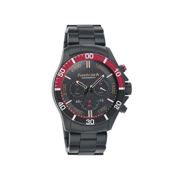 Fastrack Hitlist Quartz Chronograph Black Dial Stainless Steel Strap Watch for Guys (NS3072NM01)