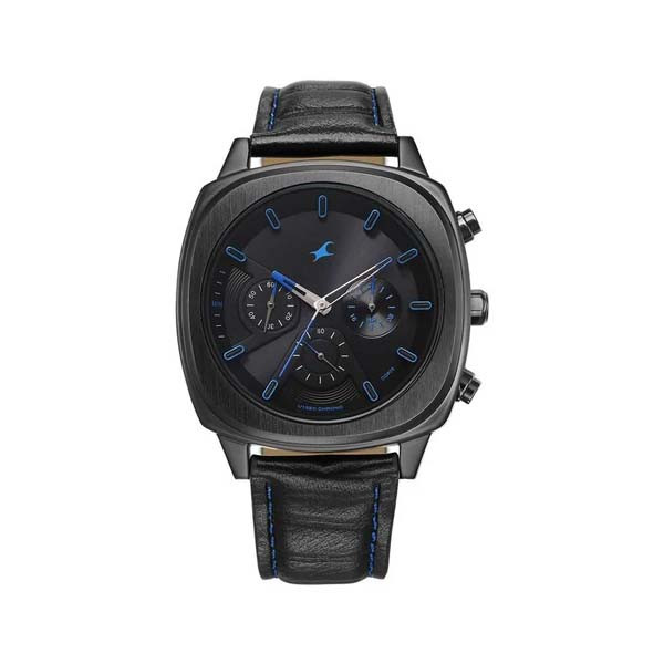 Fastrack Kronos Chronograph Black Dial Black Leather Strap Watch For Guys (NT3319NL02)