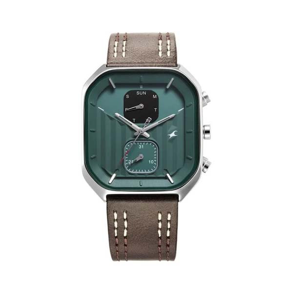 Fastrack Fleek Quartz Multifunction Green Dial Leather Strap Watch For Guys (NT3270SL03)