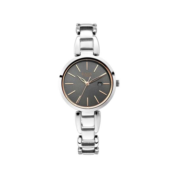 Titan Raga Viva Grey Dial Analog with Date Silver Metal Strap Watch for Women (NT2642SM01)