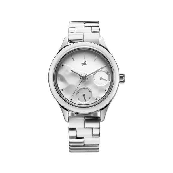 Fastrack Cerame Quartz Multifunction Silver Dial With Silver Color Steel & Ceramic Strap Watch For Girls (6294KD02)
