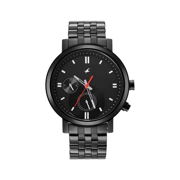 Fastrack Tick Tock Quartz Multifunction Black Dial Metal Strap Watch for Guys (NT3287NM01)