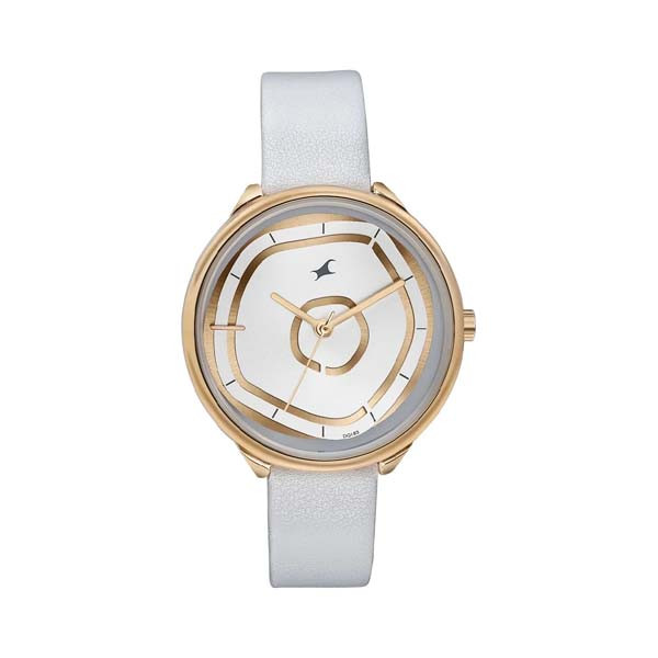 Fastrack Stunners Multifunction Rose Gold Dial White Leather Strap Watch For Girls (6303WL02)