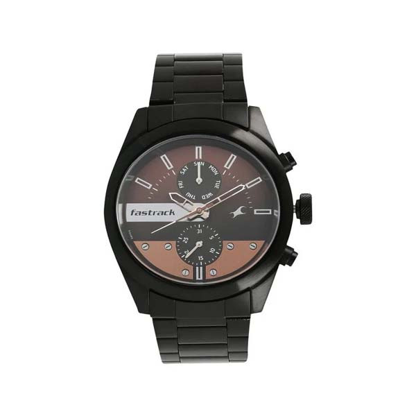 Fastrack All Nighters Quartz Multifunction Brown Dial Metal Strap Watch for Guys (NT3165NM01)