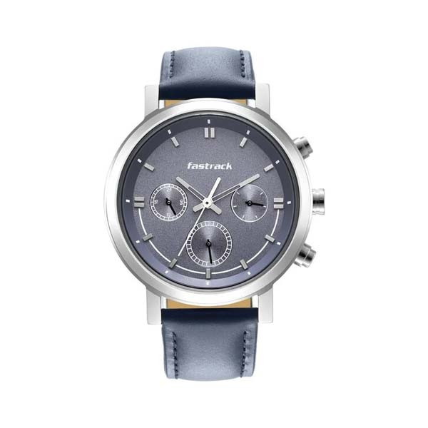 Fastrack Tick Tock Quartz Multifunction Blue Dial Leather Strap Watch for Guys (NT3287SL01)