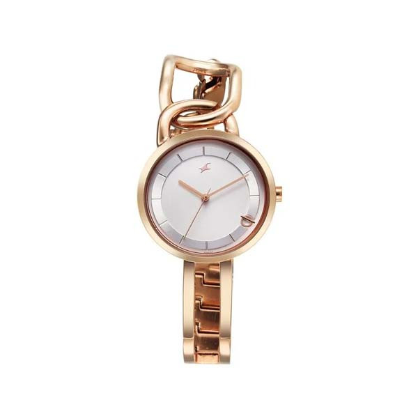 Fastrack Opulence Quartz Analog Silver White Dial Champagne Gold Metal Strap Watch For Girls (6298WM01)