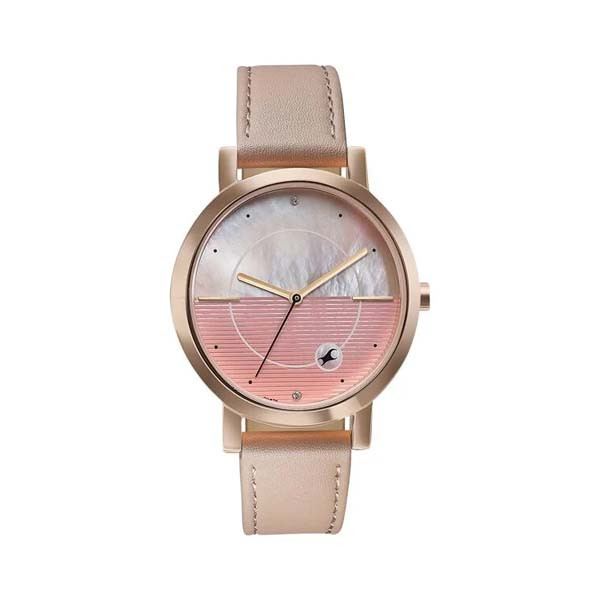 Fastrack Style Up Quartz Analog Pink Mother Of Pearl Dial Pink Leather Strap Watch For Girls (6284WL03)