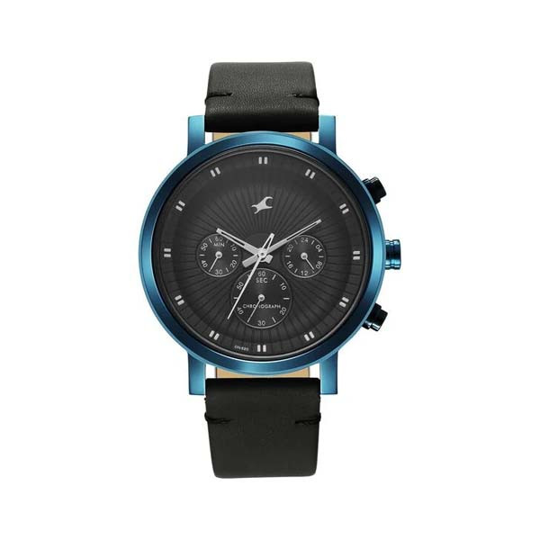 Fastrack Kronos Multifunction Black Dial Leather Strap Watch for Guys (NT3287QL01)