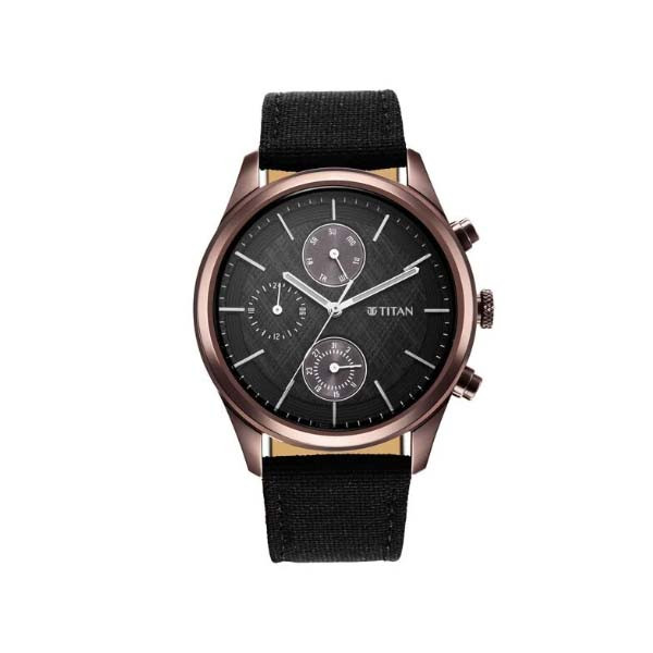 Titan Men's Infinity Chrono watch: Precise Blue Dial, Rose Gold Highlights, Durable Leather Strap (NT1805QP01)